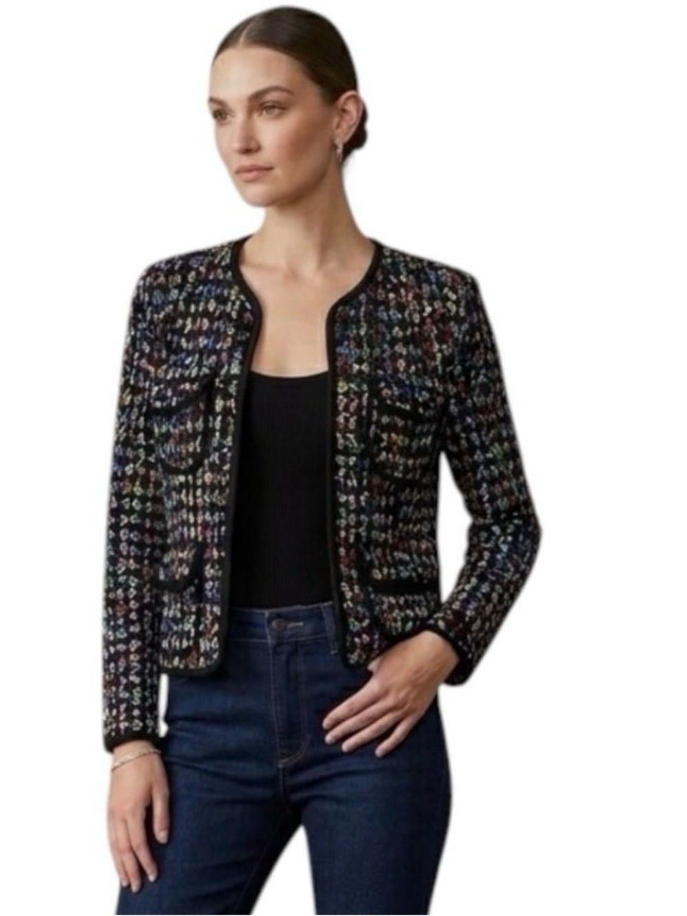 Eva Varro Barcelona Style Crinkle Knit Blazer Jacket Black Multi-Colored Small